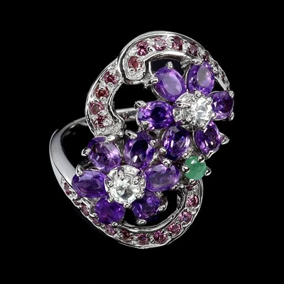 925 Sterling Silver Ring Oval Amethyst Emerald Topaz Natural Gemstone Size 8 - Image 1 of 4