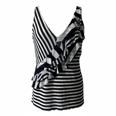 Georges Rech Top Size 3 XS Small Stripes Navy Blue Asymmetrical Ruffle Mesh Knit - Photo 1/4