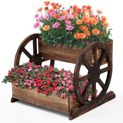 Wooden Wagon Planter Box Decorative Wooden Cart Rustic Flower Pot Garden Wago... - Image 1 of 4