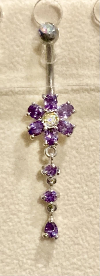 Sparkly Purple Crystal Flower Dangle Belly Ring - Image 1 of 1