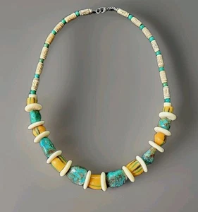 24in Tribal Necklace, African Trade Beads, Beautiful Chrysocolla Big Bone Beads - Picture 1 of 19