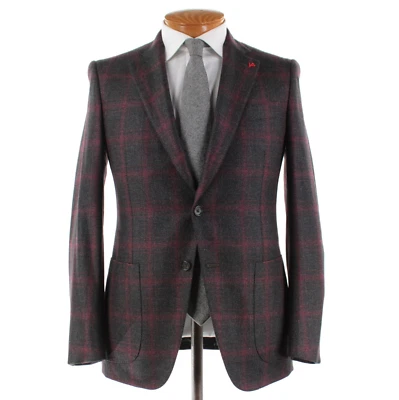 Isaia NWT Wool / Silk Sport Coat Size 48R (38R US) In Gray w Magenta Plaid Tweed - Image 1 of 4