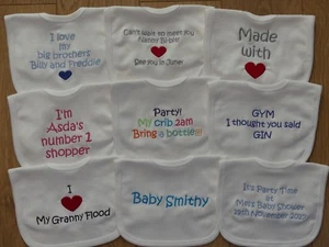 Personalised Baby Bib Embroidered Birth ANY WORDING Baby Shower Wedding Toddler - Picture 1 of 12