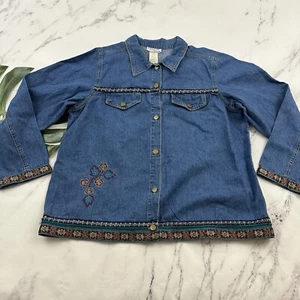 Venezia Womens Vintage Denim Shirt Jacket Size L Ribbon Embroidered 90s Jean - Picture 1 of 11