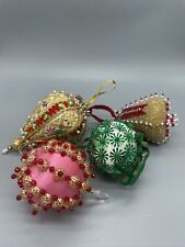Vtg Beaded Push Pin Satin Ball Christmas Ornament Handmade Sequin Small Set of 4