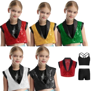 Girls Suits Masquerade Sets Performance Outfit Shiny Cropped Jacket Jazz Dance - Picture 1 of 71