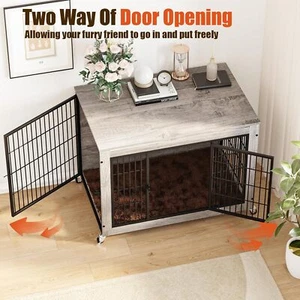 Dog Crate Furniture Double Doors Wooden Dog Kennel Indoor with Wheels End Table - Picture 1 of 13