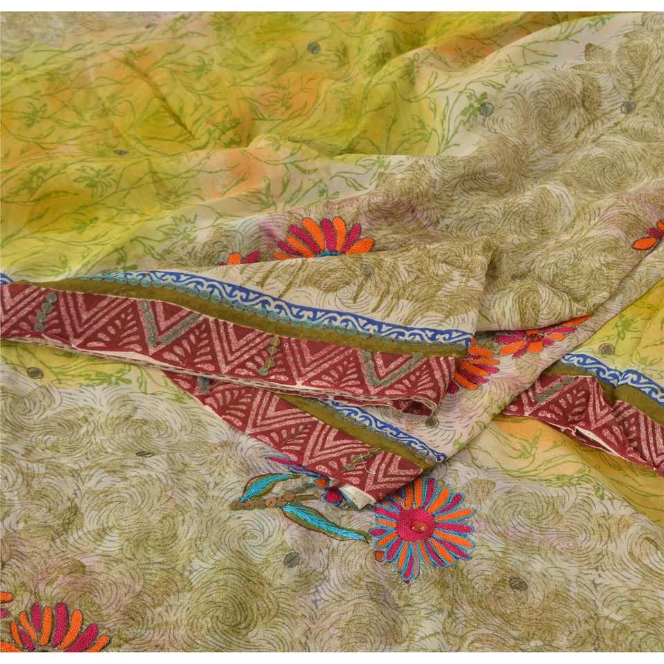 Sanskriti Vintage Sarees Pure Georgette Silk Hand Beaded Fabric Premium 5Yd Sari - Image 1 of 4