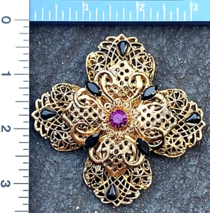 Vintage HUGE 3" Florenza? Maltese Cross Brooch Black Purple Rhinestone Statement - Picture 1 of 6