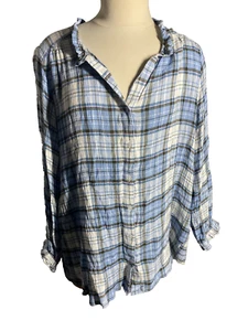 Dash Blouse Womens 2X Blue Plaid Button Up Long Sleeve Crinkle - Picture 1 of 12