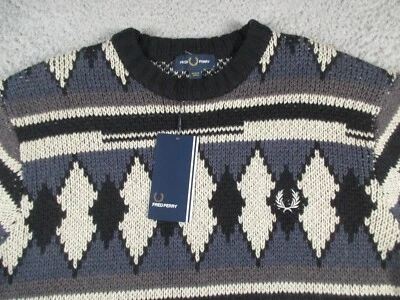Fred Perry Sweater Mens Small Cotton Wool Knit Pullover Ribbed Chunky Jacquard - Image 1 of 4
