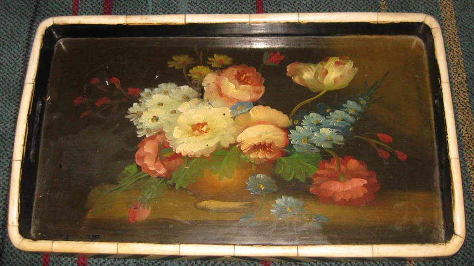 BANDEJA DE SERVIR antigua pintada a mano MADERA lacada incrustación de marco anglo indio 17x10 Foto 1 de 1