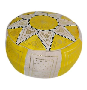  Pouf Moroccan Hassock  Pooff Leather Pouff Ottoman Footstool MED Beige Yellow  - Picture 1 of 5