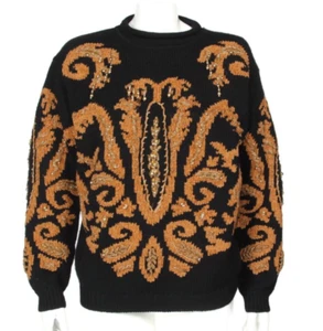 NWT Vintage 90s CAROLE LITTLE Floral Black Gold Hand Knit Sweater Women sz M 439 - Picture 1 of 6