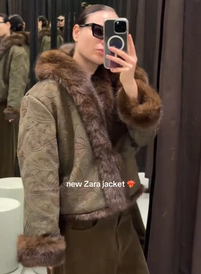 ZARA BNWT 2025. DARK KHAKI DOUBLE FACED FUR JACKET EMBROIDERED. 8372/248/507 - Image 1 of 4