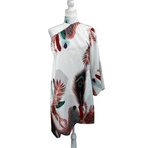 Weiß grün Multi Pfau asymmetrisch One Shoulder hochgeschlossen Mini Etuikleid M/L - Bild 1 von 12