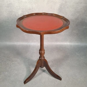 Vintage Wine Table Tripod Leg Pedastal Occasional Table Red Faux Leather Top - Picture 1 of 10