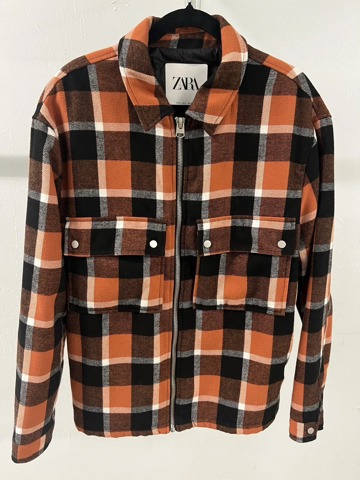 Zara Naranja y Negro Cuadros Doble Parche Bolsillo Camisa Chaqueta Hombres Grande Otoño Foto 1 de 4