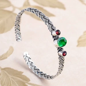 Green Diopside & Garnet Gemstone 925 Sterling Silver Cuff Dressy Bangle Jewelry - Picture 1 of 8