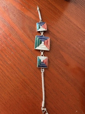 Silver 950 7” Bracelet Gemstone Inlay Spring Ring Clasp, Lapis, Mother-of-Pearl - Image 1 of 4