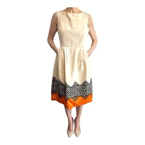 Oscar De La Renta Size 8 10 (4 6 US) Cream Brown Orange Silk Fit & Flare Dress - Picture 1 of 24