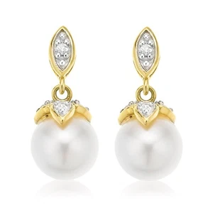 Zamel's 9ct Yellow Gold Freshwater Pearls & Diamond Set Drop Women's Earrings - Picture 1 of 1
