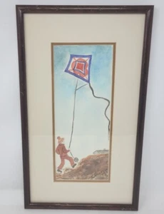 Pintura Acuarela ORIGINAL Pintada a Mano NIÑO con Cometa A. SWANSON Enmarcada  - Imagen 1 de 18