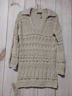 Boohoo Sweater Ladies Small Ivory Open Weave VNeck - Image 1 of 4