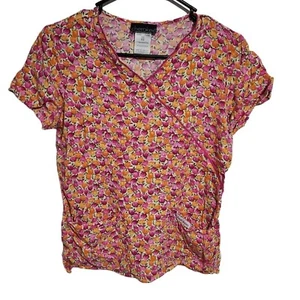 Cherokee Scrub Top Womens Size XS Orange Pink Floral Nursing Medical Uniform - Picture 1 of 3