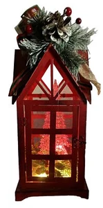 Christmas Red Rustic Metal Lantern with Light Up Changing Color Village Tree - Picture 1 of 11