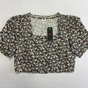 Levi's Floral Blouse Women's XL Black Puff Sleeve Square Neck NWT - Picture 1 of 9