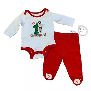 NEW Baby's 1st Christmas Outfit 2 Piece Set Pant Bodysuit Red Santa Reindeer 0/3 - Picture 1 of 12