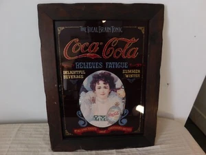 Coca-Cola Ideal Brain Tonic Relieve Fatigue Wood Frame Glass Sign 19" x 15" Vtg - Picture 1 of 7
