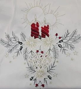 66" Round Ivory Tablecloth + 12 Napkins Embroidered Red Candlesticks Sparkly - Picture 1 of 7