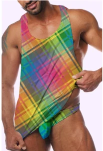 🌈✨ Rainbow Print 2-Piece Set Tank Top & Briefs Festival Rave Outfit Men's 2XL - Picture 1 of 2