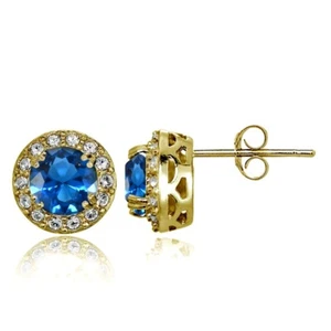 Gold Tone over Silver Simulated London Blue Topaz & CZ Accent Halo Stud Earrings - Picture 1 of 4