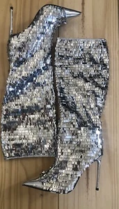 Steve Madden Sequins/fabric Knee Boots, 4” Heel, New, 6M, Silver, Pull On - Picture 1 of 9