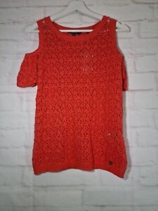 Superdry Jumper Size XS Coral Pink Cold Shoulder Open Knit Sweater Pullover