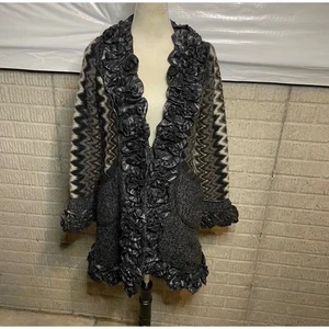 Dolce Cabo Women's Open Front Chevron Knit Leather Trim Ruffle Cardigan XL - Picture 1 of 8
