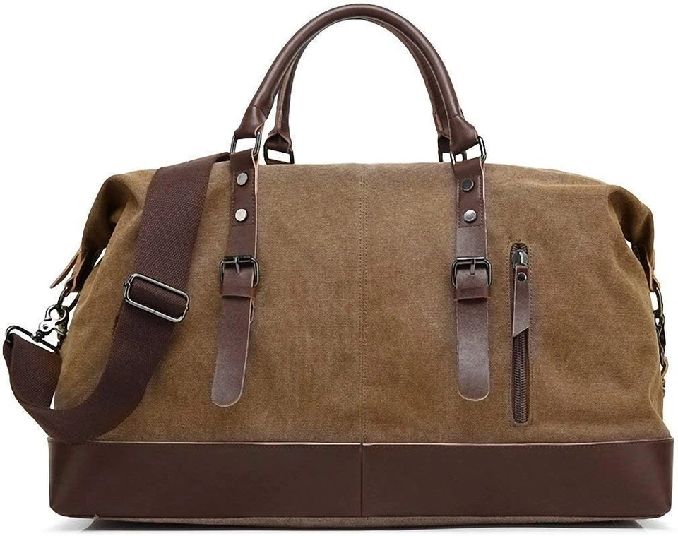 Große Reisetasche 55L Canvas mit PU-Leder Weekender Handgepäck Herren Damen TOP - Bild 1 von 4
