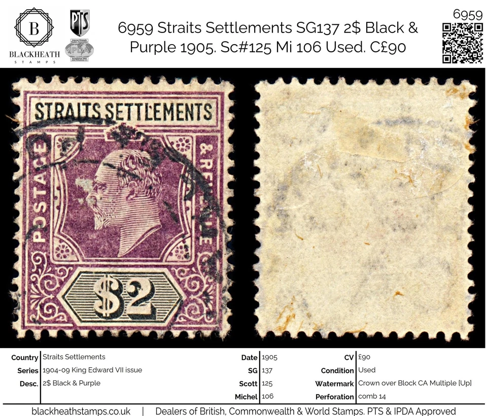 6959 Straits Settlements SG137 2$ negro y púrpura 1905. Sc#125 Mi 106 Usado. C£90 Foto 1 de 4