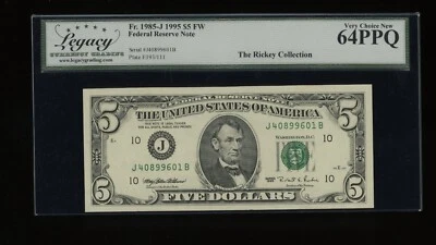 DBR 1995 $5 FRN Kansas City Fr. 1985-J Legacy 64 PPQ Serial J40899601B - Image 1 of 2