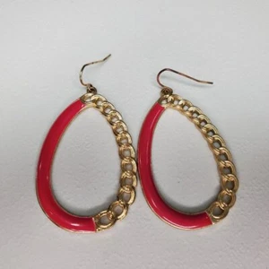 Tear Drop Earrings Pink Enamel Gold Tone Rope Statement Big Hoop Dangle - Picture 1 of 8