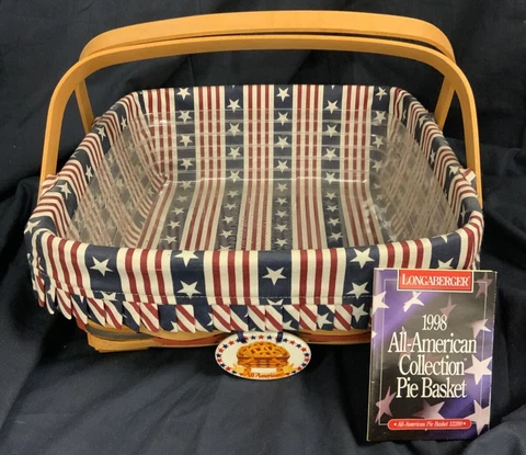 Longaberger 1998 ALL AMERICAN PIE BASKET w/ Liner Tie-On Protector Product Card Cover