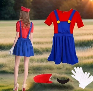 Women's Adult Mario Costume Red Plumber Halloween Costume Full Set XL - Picture 1 of 12