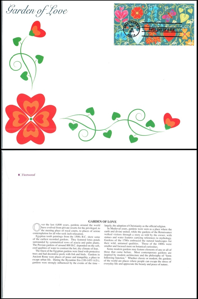 Garden of Love Flowers Blooms Sc 4540a FDC 2011 bloque gigante de 10 Fleetwood Foto 1 de 1