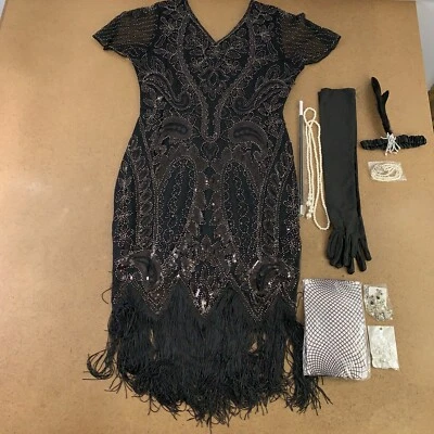 Women's Large Black Silver Sequin Fringe Flapper Dress & Accessory Set 9 Pieces - Image 1 of 4