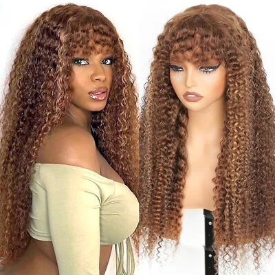 Ombre Highlight Human Hair Wig with Bangs Long Deep Water Curly Glueless Wigs - Image 1 of 4