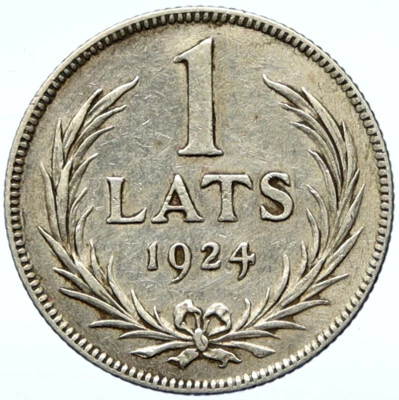 1924 LATVIA Lions & Shield ANTIQUE Vintage OLD Silver European Lats Coin i100972 - Image 1 of 3