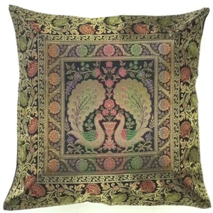 Handmade Black Peacock Cushion Cover Brocade Pillow Sofa Throw Home Decor 16" - Picture 1 of 3